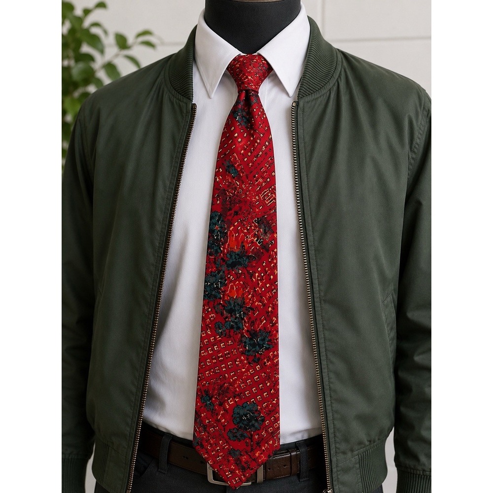 Jerry Garcia Collection Silk Tie Red Abstract Cityscape Green Trees Wearable Art
